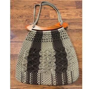 Vintage Style Macrame Bag w/ Wooden Handle Brown Beige Boho Vibes